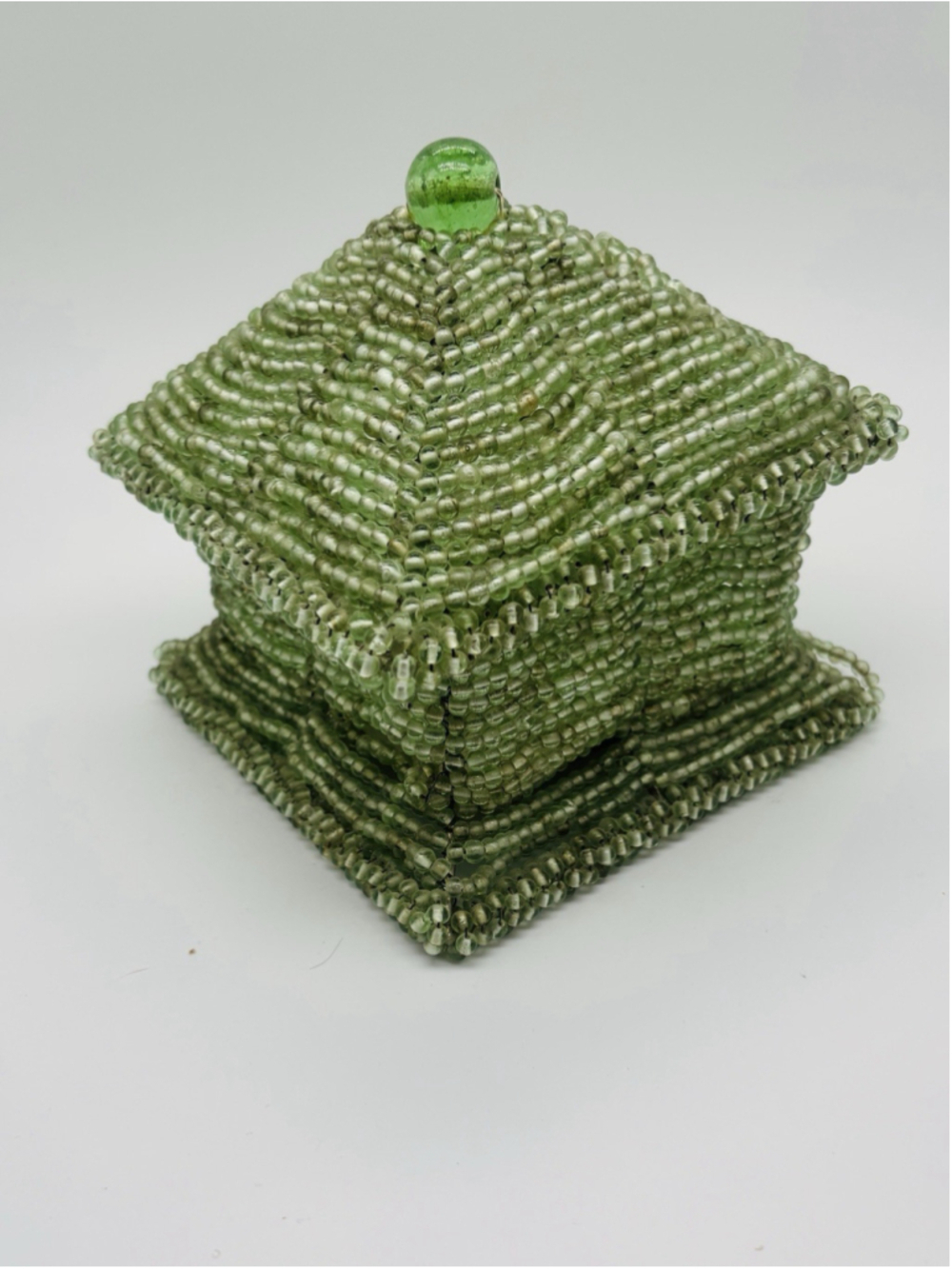 Handmade Green Seed Bead Wire Basket Box Trinket Container